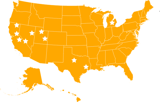 Orange map of the U.S. with stars indicating Perma-Zyme treated roads