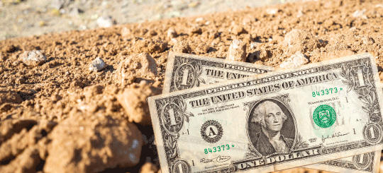 Dollar bills laying on an unpaved dirt green energy company's road