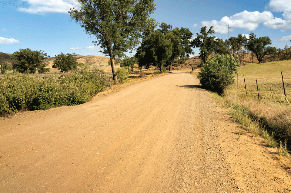 Unpaved dirt road that sees heavy-duty equipment traffic