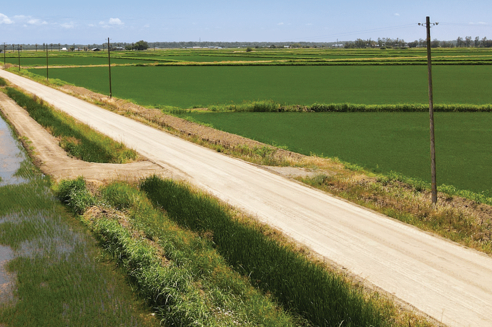 Aerial photo of an unpaved public road, utility poles, green fields, and water